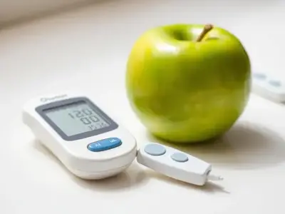 Diabetologie – Blutzuckermessgerät und grüner Apfel
